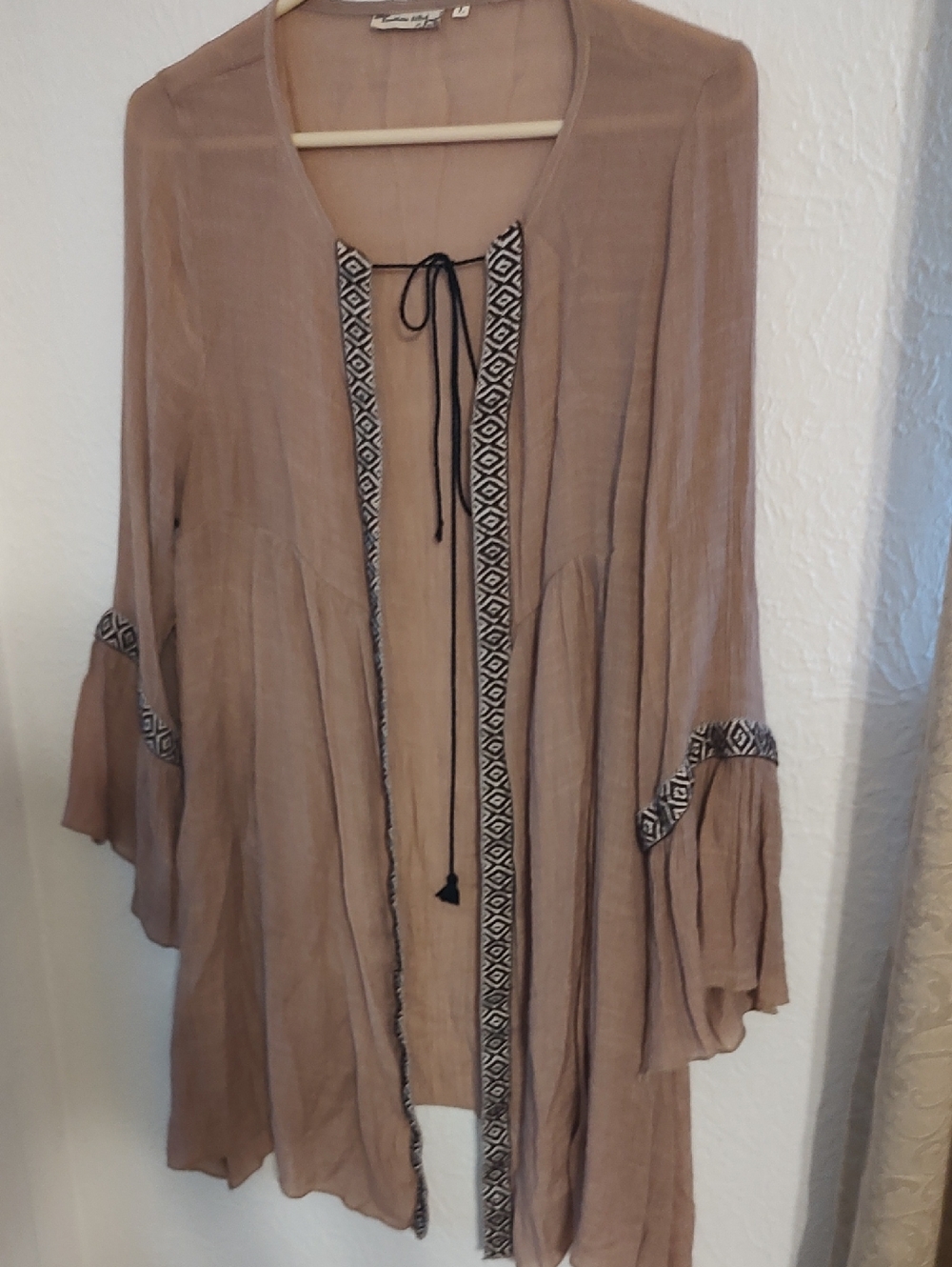 Lightweight Taupe Boho Top with Geometric Trim
